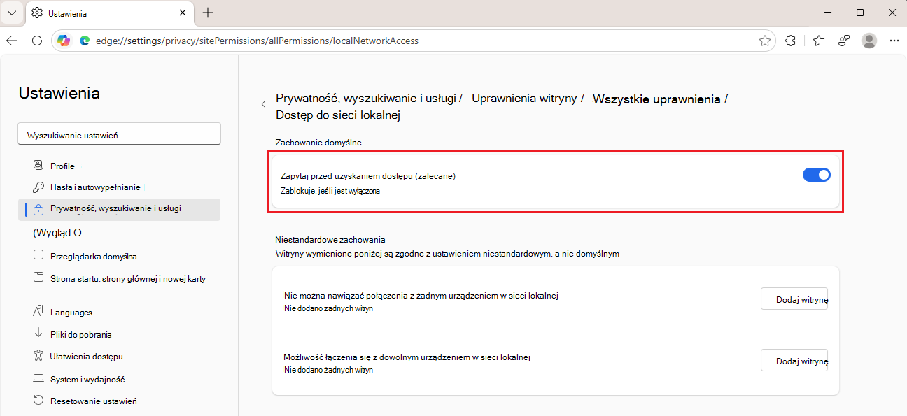 zrzut ekranu przedstawiający przełącznik dostępu do sieci lokalnej