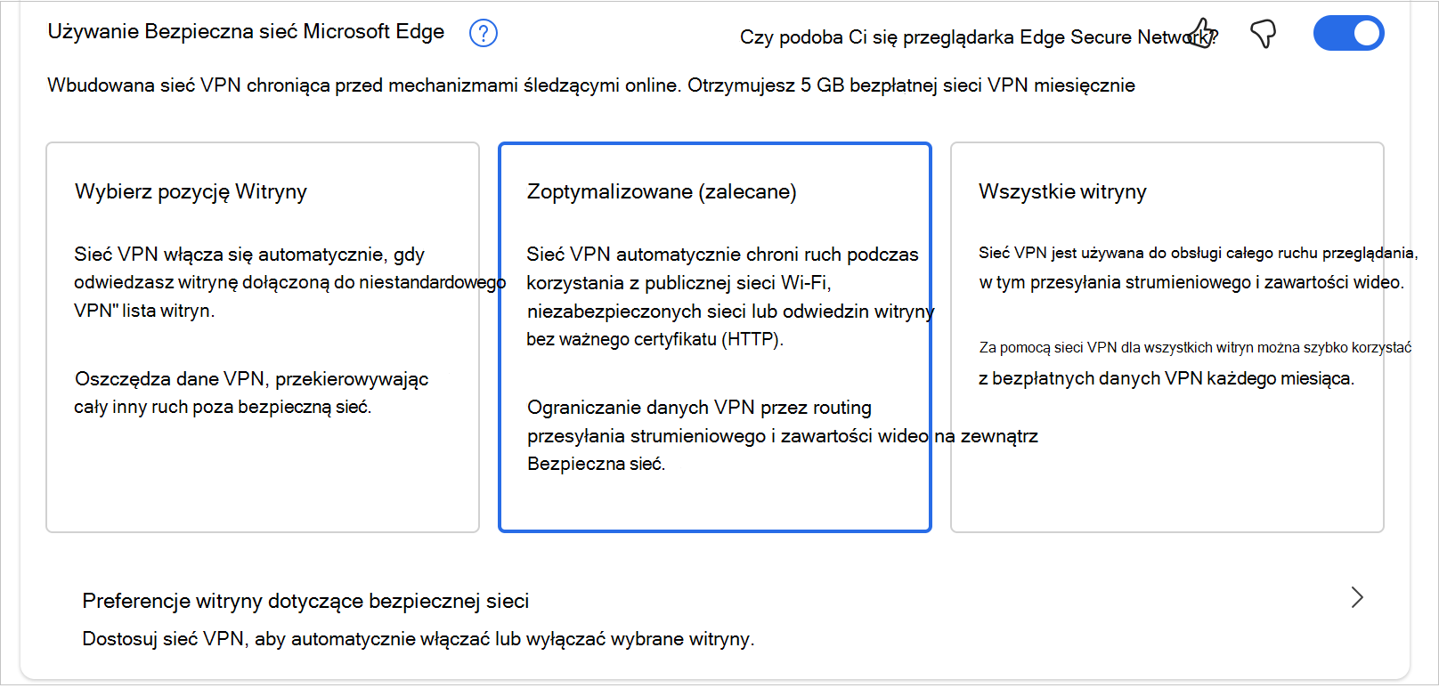 Zrzut ekranu przedstawiający opcje w programie MicrosoftEdgeSecureNetwrok