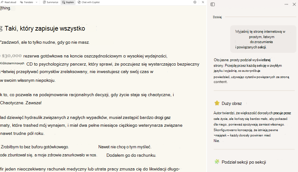 Zrzut ekranu przedstawiający tryb odczytu-copilot.
