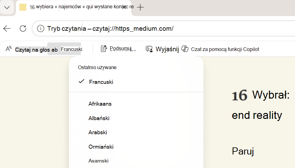 Zrzut ekranu przedstawiający tryb czytania Przetłumacz.