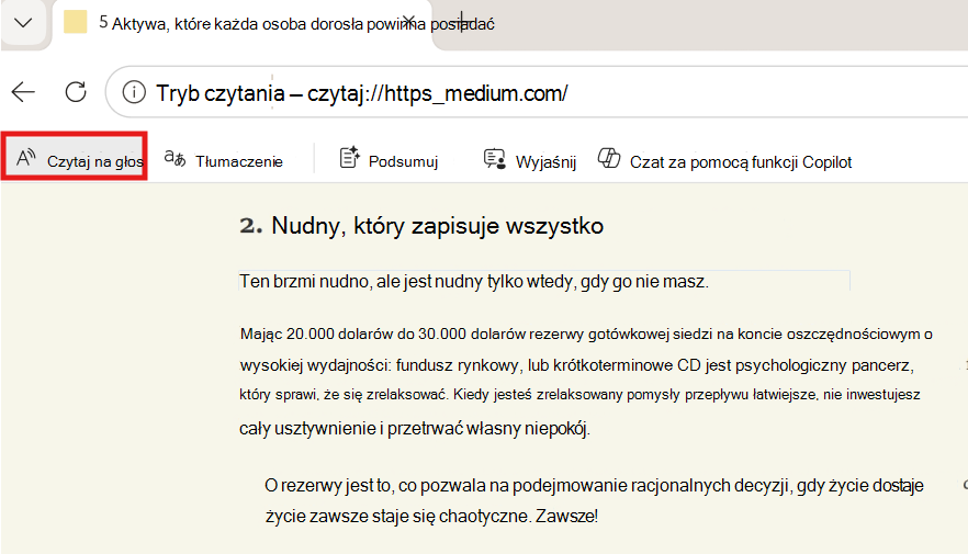Zrzut ekranu przedstawiający czytanie na głos.