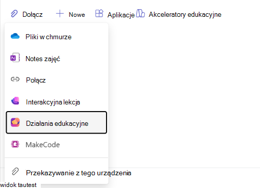 Zrzut ekranu przedstawiający nawigację po działaniach edukacyjnych.