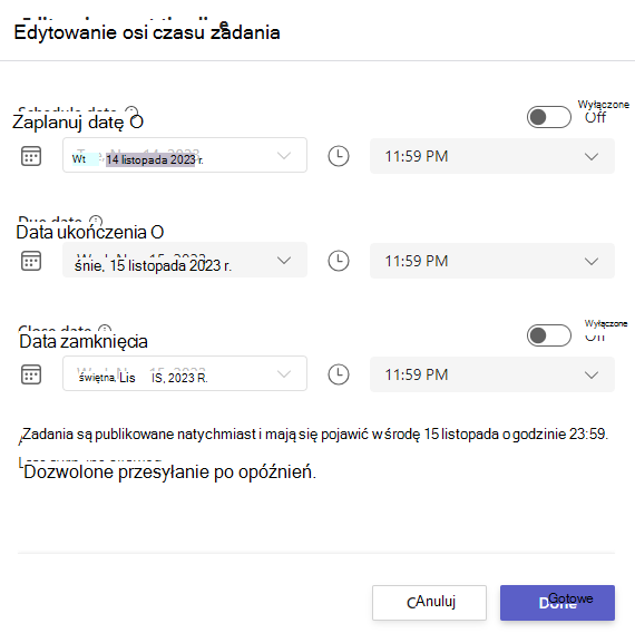 Zrzut ekranu przedstawiający edytowanie osi czasu zadania.