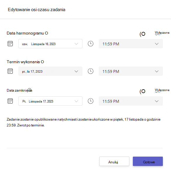 Zrzut ekranu przedstawiający edytowanie osi czasu zadania