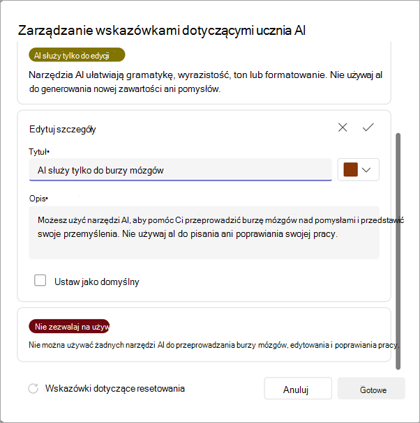 Zrzut ekranu przedstawiający opcje zarządzania wytycznymi dotyczącymi sztucznej inteligencji.