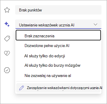 Zrzut ekranu przedstawiający opcje ustawiania wytycznych dotyczących sztucznej inteligencji uczniów.