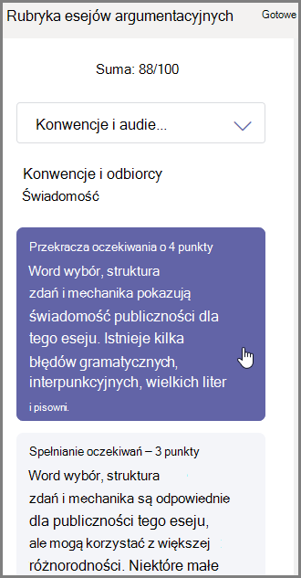 Wybierz, jaką ocenę chcesz dać za wybraną część i wpisz informacje zwrotne na dole.