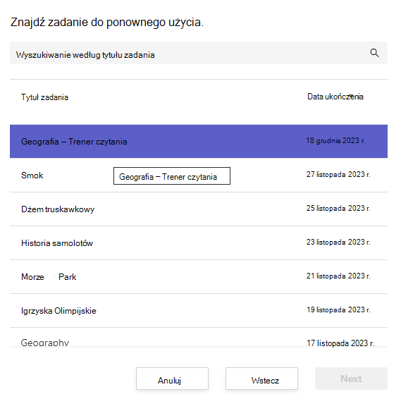 Zrzut ekranu przedstawiający wyszukiwanie zadania do ponownego użycia.