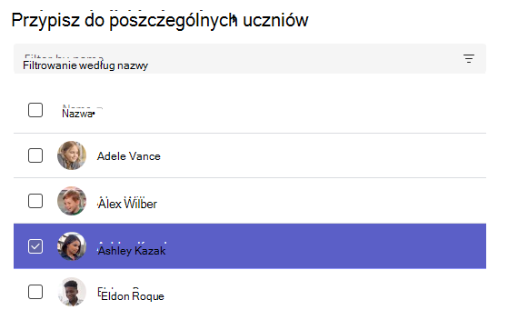 Zrzut ekranu przedstawiający przypisywanie poszczególnych uczniów.