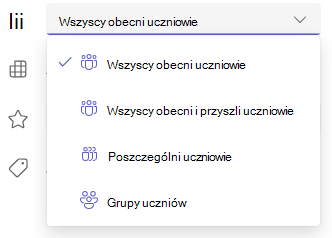 Zrzut ekranu przedstawiający opcje uczniów i grup.