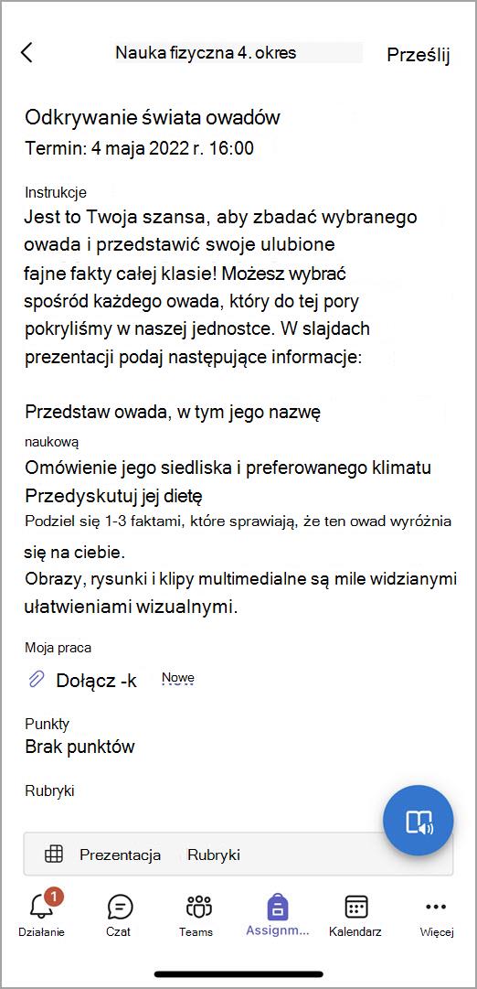 Zrzut ekranu przedstawiający to, co uczniowie widzą, gdy przesyłają zadanie w mobilnej aplikacji Teams.