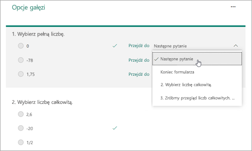 Zrzut ekranu przedstawiający wybieranie pytania do rozgałęzienia.