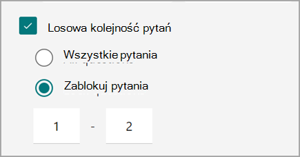 Zrzut ekranu przedstawiający ustawienie testu/formularza na potrzeby losowego i blokowania pytań testu.