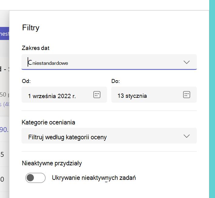 Zrzut ekranu przedstawiający filtry.