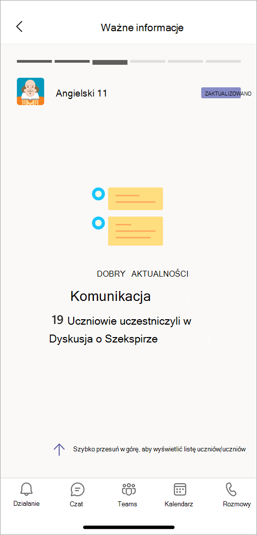 Zrzut ekranu przedstawiający wyróżnione dane komunikacji z aplikacji Szczegółowe informacje w widoku dla urządzeń przenośnych pokazuje nauczycielowi, że 19 uczniów uczestniczyło w dyskusji na temat Szekspira.