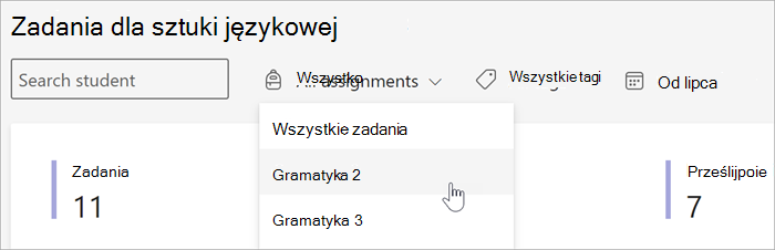 zrzut ekranu przedstawiający dostępne filtry w widoku Zadania i oceny w usłudze Szczegółowe informacje. Możesz wyszukiwać według uczniów, zadań, tagów lub dat.
