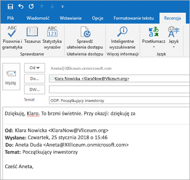 Zrzut ekranu przedstawiający kartę Recenzja.