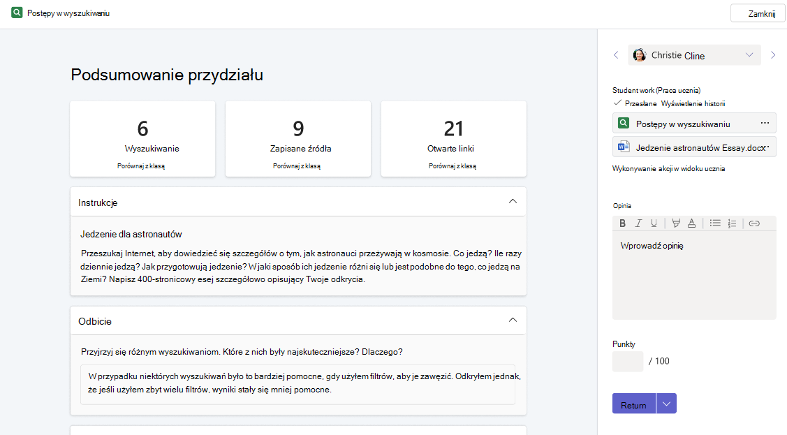 Strona podsumowania zadania, widok nauczyciela, w obszarze Postępy w wyszukiwaniu. Wyświetla szczegółowe informacje na temat wyszukiwań i refleksji dokonanych przez ucznia, którego ukończone zadanie zostało otwarte.