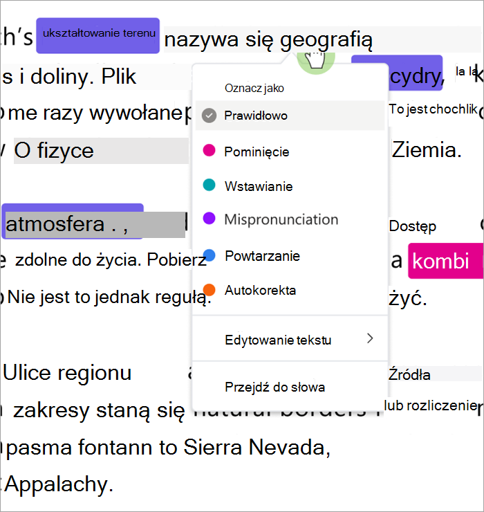 ekranu przedstawiający listę rozwijaną, która kategoryzuje błędy, dzięki czemu można oznaczyć błędy jako poprawne, pominięte, wstawianie, błędną wymowę, powtórzenie lub własna korekta.
