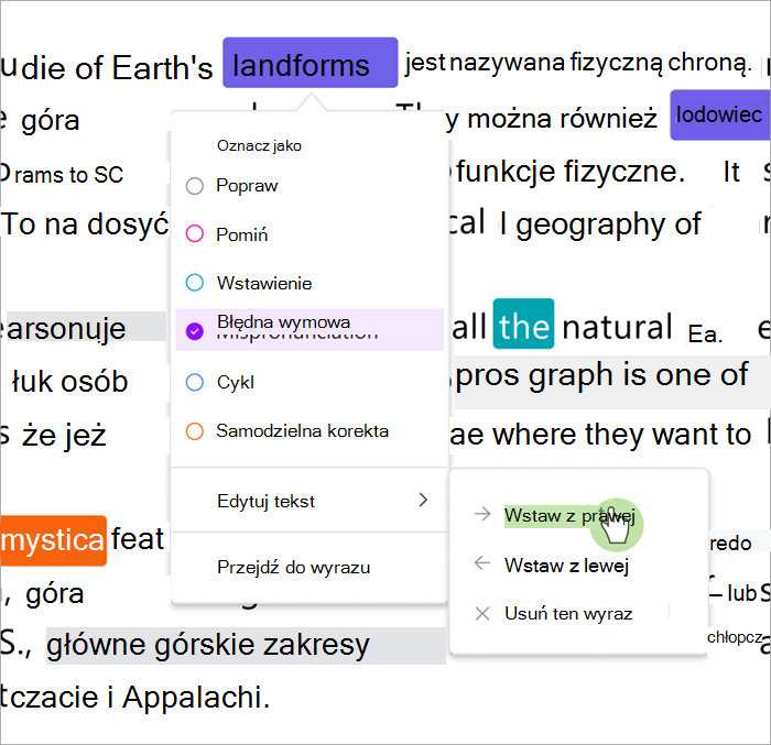 Zrzut ekranu przedstawiający okienko sprawdzania postępów w czytaniu pokazujące, jak wstawiać wyrazy po prawej lub lewej stronie zaznaczonego wyrazu