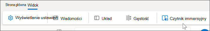 Zrzut ekranu przedstawiający górną część programu Outlook w sieci Web z wybraną kartą Widok i wskaźnikiem myszy na czytniku immersyjnym