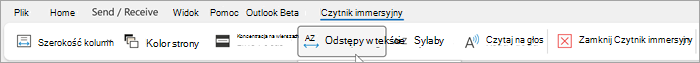 Zrzut ekranu przedstawiający wstążkę czytnika immersyjnego w klasycznym programie Outlook. Opcje dostępne od lewej do prawej to: szerokość kolumny, kolor strony, koncentracja na wierszach, odstępy w tekście, sylaby, czytanie na głos, zamykanie czytnika immersyjnego