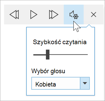 zrzut ekranu przedstawiający pasek narzędzi opcji głosu czytnika immersyjnego. Wskaźnik myszy znajduje się nad ustawieniami, aby wyświetlić przełącznik szybkości czytania i listy rozwijanej do wybierania głosu