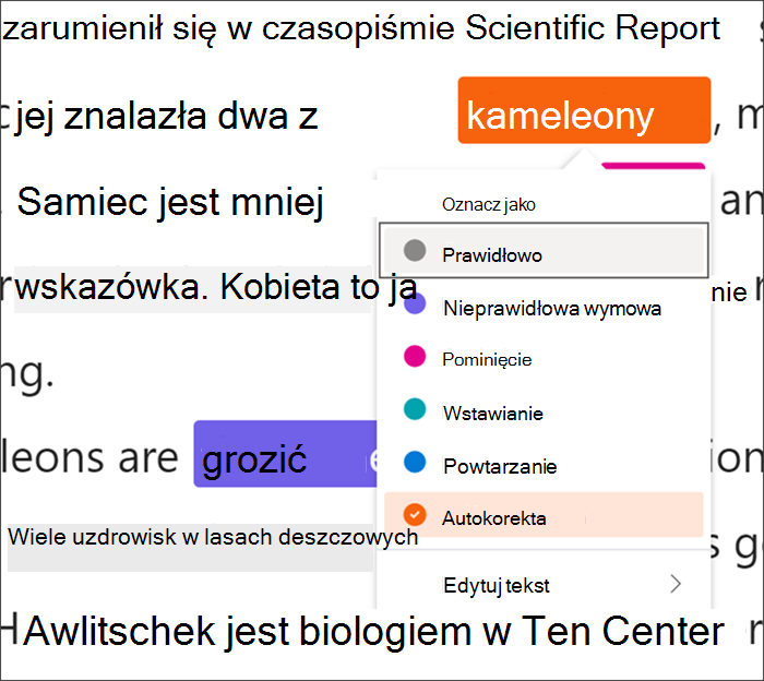 Tekst oznaczony błędami, słowo kameleony jest zamknięte w czarnym kwadracie wskazującym, że używane są skróty klawiaturowe, menu rozwijane pokazuje wybór autokorekty spośród dostępnych typów błędów.