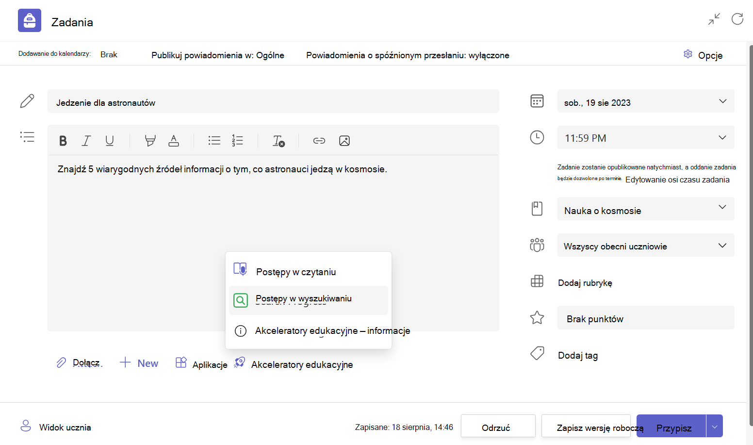 Zrzut ekranu wersji roboczej zadania w usłudze Teams Education z rozwiniętym menu Akceleratorów nauki i wyróżnioną pozycją Postępy w wyszukiwaniu