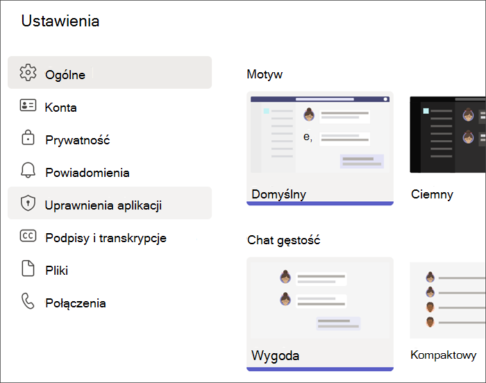 Zrzut ekranu przedstawiający ustawienia aplikacji Teams z profilu ucznia lub studenta. Pozycja Uprawnienia aplikacji jest wyróżniona.