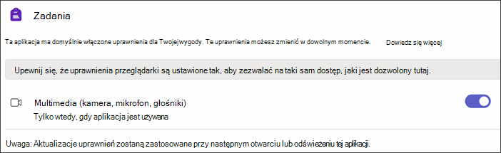 Zrzut ekranu przedstawiający ustawienia aplikacji Teams po wybraniu pozycji Uprawnienia aplikacji. ustawienie o nazwie Multimedia jest wyświetlane z włączonym przełącznikiem.