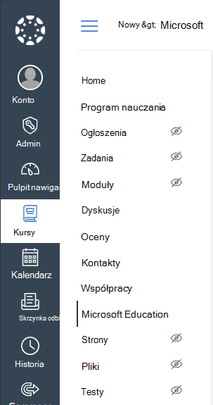 Wybierz pozycję Microsoft Education w menu nawigacji kursu systemu Canvas