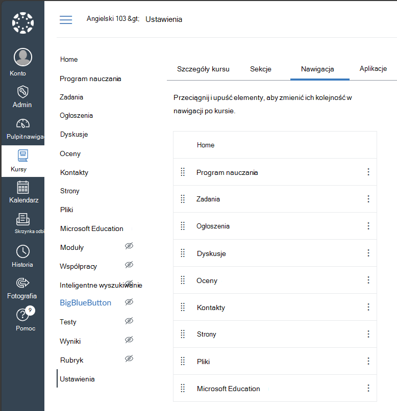 Włączanie usługi Microsoft Education w systemie Canvas Linki nawigacyjne kursu