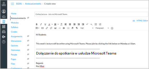Łącze do aplikacji Microsoft Teams we wpisie na kanwie