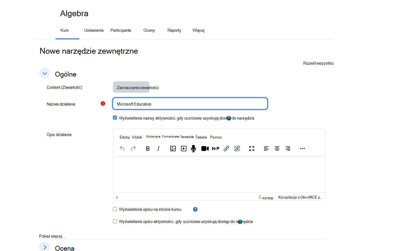 Okno dialogowe Nowe narzędzie zewnętrzne Moodle