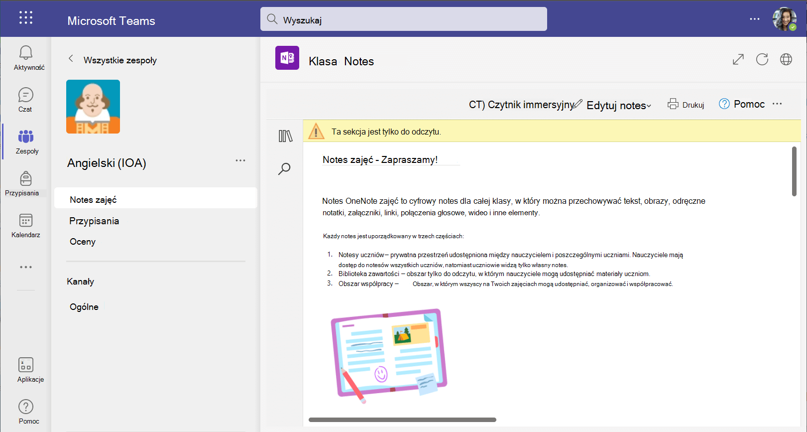 Zrzut ekranu przedstawiający notes zajęć w internetowej wersji aplikacji Teams.