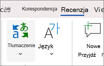 Zrzut ekranu w programie Microsoft Word przedstawiający wybieranie opcji Przejrzyj, a następnie Przetłumacz