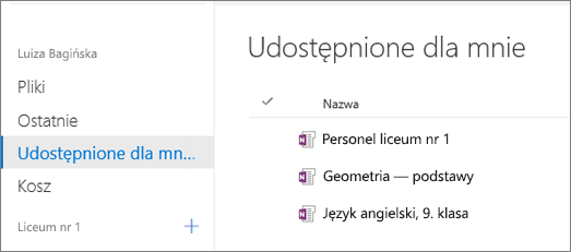Zrzut ekranu z nazwami notesów.