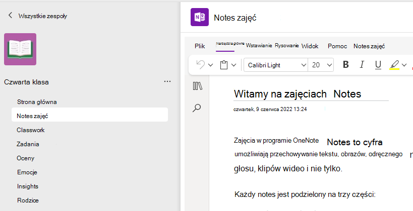 Zrzut ekranu przedstawiający konfigurowanie notesu zajęć.
