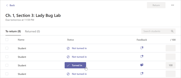 Kursor jest ustawiany na przycisku Przesłane wewnątrz wybranego zadania w aplikacji Microsoft Teams.