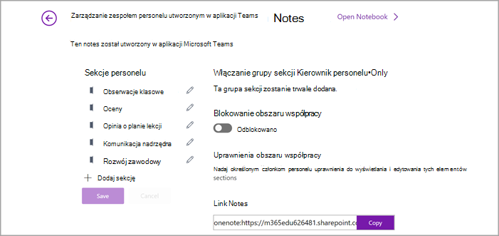 Zrzut ekranu przedstawiający stronę zarządzania ustawieniami notesu dla personelu w programie OneNote.