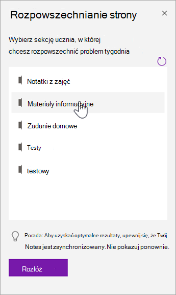 Wybierz sekcję ucznia w okienku Rozpowszechnianie strony.