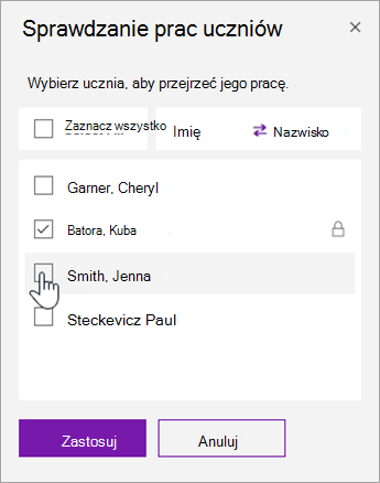 Zaznacz pole wyboru, aby zablokować pojedynczą stronę ucznia.