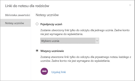 Tworzenie linków tylko do odczytu dla pojedynczych notesów uczniów.