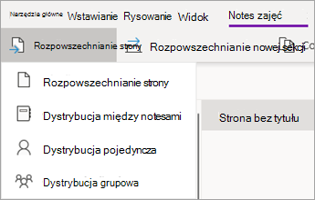Przycisk Rozpowszechnij stronę z listą rozwijaną akcji.