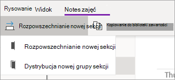 Przycisk Rozpowszechnij nową sekcję z listą rozwijaną opcji.