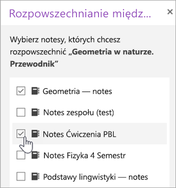 Okno wyboru Rozpowszechnianie między notesami