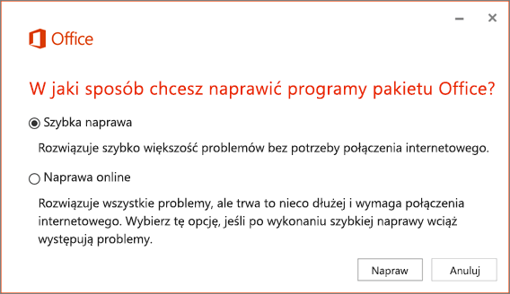 Szybka naprawa pakietu Office