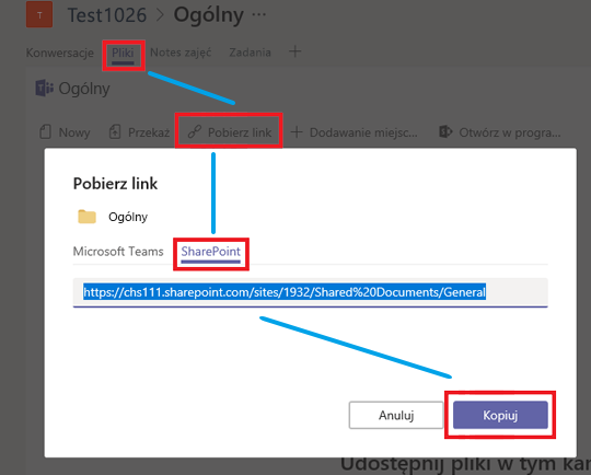 Kliknij pozycję Files, a następnie pozycję Pobierz link, pozycję SharePoint, a następnie pozycję Kopiuj