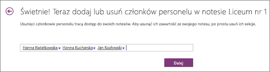Wpisz imiona i nazwiska członków personelu, aby dodać ich do notesu personelu.